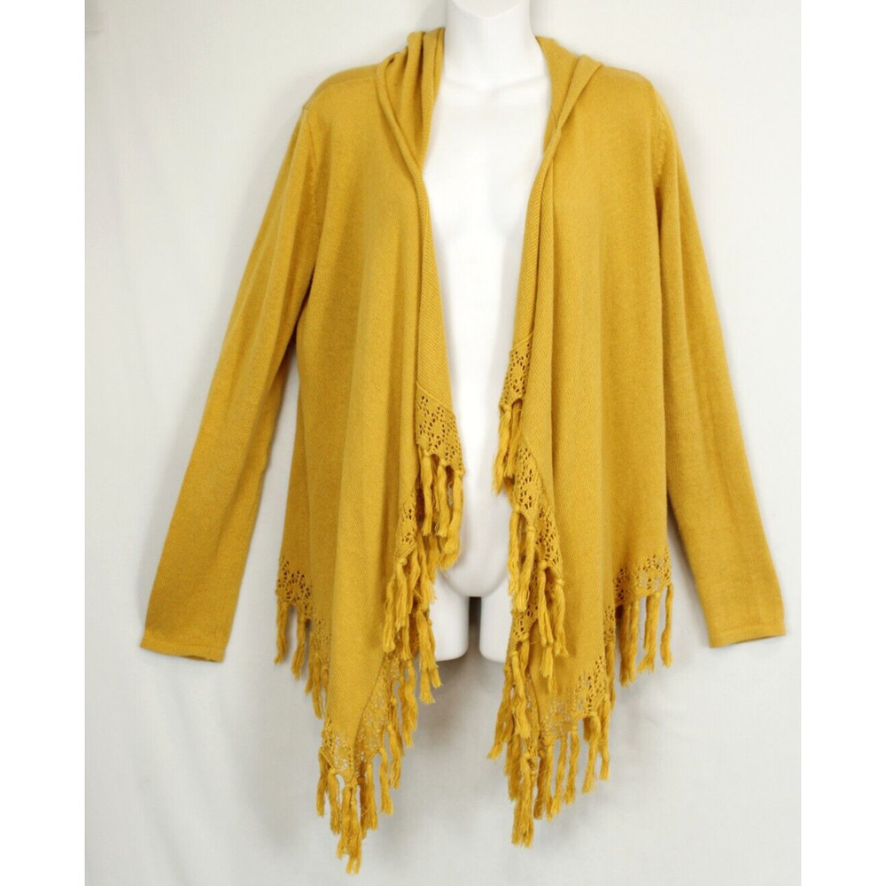 Finesse Open Front Cardigan Hooded Sweater Women‎ M Fringe Long Sleeve Gold